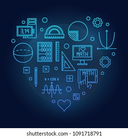 Math heart blue vector illustration made of mathematics outline concept icons on dark background