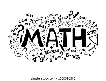 Math. Horizontal banner. Presentation, website. Isolated lettering typography idea with icons. Algebra, geometry, statistics, basic maths. Vector illustration