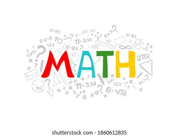 Math. Horizontal banner. Presentation, website. Isolated lettering typography idea with icons. Algebra, geometry, statistics, basic maths. Education, back to school concept. Vector illustration