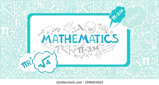 Math. Horizontal banner. Presentation, website. Isolated lettering typography idea with icons. Algebra, geometry, statistics, basic maths. Interesting creative funny math for kids. Vector illustration