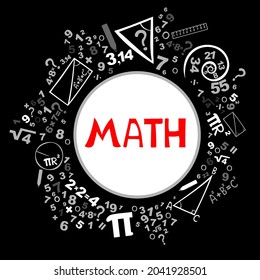 Math. Horizontal banner. Presentation, website. Isolated lettering typography idea with icons. Algebra, geometry, statistics, basic maths. Interesting creative funny math for kids. Vector illustration