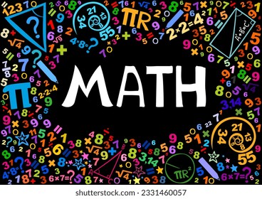 Math. Horizontal banner. Presentation, website. Isolated lettering typography idea with icons. Algebra, geometry, statistics, basic maths. Interesting creative funny math for kids. Vector illustration