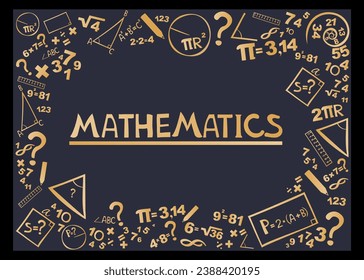 Math. Horizontal banner. Presentation, website. Isolated lettering typography idea with icons. Algebra, geometry, statistics, basic maths. Interesting creative funny math for kids. Vector illustration