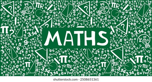 Math. Horizontal banner. Presentation, website. Isolated lettering typography idea with icons. Algebra, geometry, statistics, basic maths. Interesting creative funny math for kids. Vector illustration
