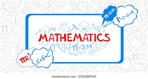Math. Horizontal banner. Presentation, website. Isolated lettering typography idea with icons. Algebra, geometry, statistics, basic maths. Interesting creative funny math for kids. Vector illustration