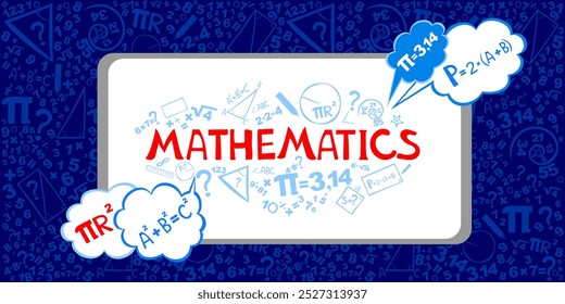 Matemática. Banner horizontal. Apresentação, site. Ideia de tipografia com letras isoladas com ícones. Álgebra, geometria, estatística, matemática básica. Matemática engraçada criativa interessante para crianças. Ilustração vetorial