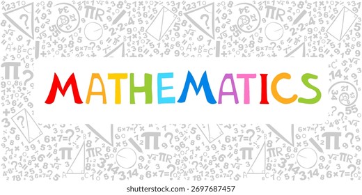 Matemática. Banner horizontal. Apresentação, site. Ideia de tipografia com letras isoladas com ícones. Álgebra, geometria, estatística, matemática básica. Matemática engraçada criativa interessante para crianças. Ilustração vetorial