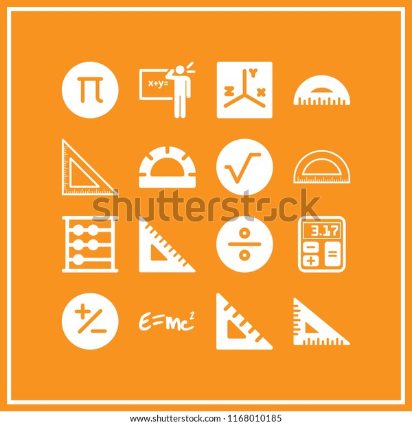 math icon. 16 math vector set. theory of
relativity, square root, set square and small calculator icons for
web and design about math
theme