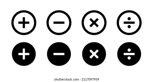 Icono matemático. Calculadora más colección de signos de multiplicación de división menos. Las matemáticas calculan los signos. EPS 10