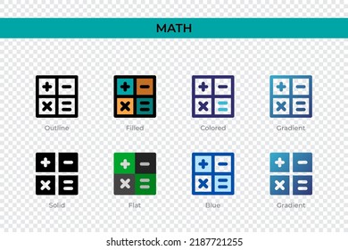 Math icon in different style. Math vector icons designed in outline, solid, colored, filled, gradient, and flat style. Symbol, logo illustration. Vector illustration