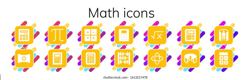 math icon set. 14 filled math icons.  Simple modern icons such as: Calculator, Panorama, Pi, Abacus, Math, 360 , panorama 360