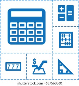 Math icon. set of 6 math filled icons such as 7 number, calculator, mathematical square, abacus