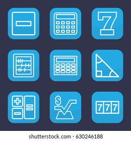 Math icon. set of 9 outline math icons such as 7 number, calculator, abacus, mathematical square, minus, triangle