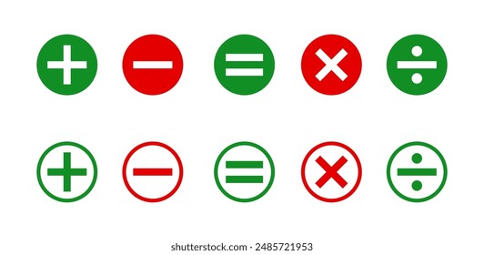 math icon set arithmetic plus minus equals multiply and divide signs on white background. isolated vector symbols of mathematics.