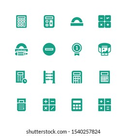 math icon set. Collection of 16 filled math icons included Calculator, Abacus, 360, Number, Minus, Protractor