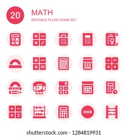 math icon set. Collection of 20 filled math icons included Calculator, Degree, Protractor, Calculation, 360, Abacus, Minus