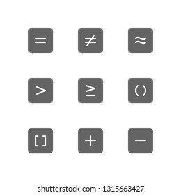 Math icon symbol including equal, algebra, sigma, greater than, less than, parentheses, bracket, plus, minus