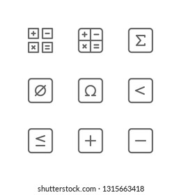 Math icon symbol including plus, minus, equation, calculator, sigma, omega, formula, less than, mathematic, arithmetic