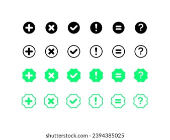 Math icons. Different styles, icon for plus, multiplication, check mark, exclamation mark, equals, question mark. Vector icons