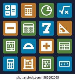 math icons set. Set of 16 math filled icons such as 7 number, calculator, abacus, calclator, protractor, square root, triangle, circle, plus