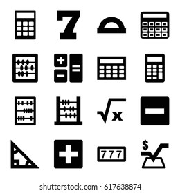 Math icons set. set of 16 math filled icons such as 7 number, calculator, abacus, mathematical square, calclator, protractor, square root, triangle, plus