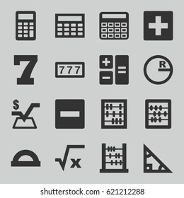 Math icons set. set of 16 math filled icons such as 7 number, calculator, abacus, mathematical square, calclator, protractor, square root, triangle, circle, plus