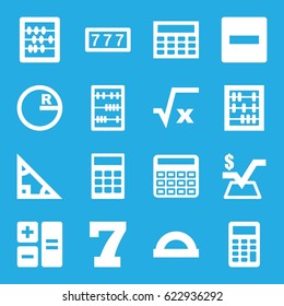 Math icons set. set of 16 math filled icons such as 7 number, calculator, abacus, mathematical square, calclator, protractor, square root, triangle, circle