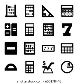 Math icons set. set of 16 math filled icons such as 7 number, calculator, abacus, mathematical square, calclator, protractor, triangle, circle