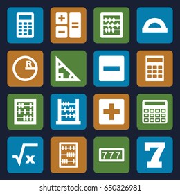 Math icons set. set of 16 math filled icons such as 7 number, calculator, abacus, protractor, square root, triangle, circle, plus