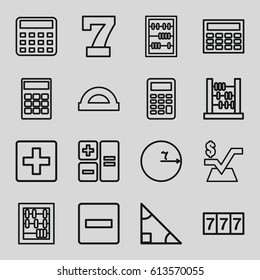 Math icons set. set of 16 math outline icons such as 7 number, calculator, mathematical square, abacus, plus, minus, protractor, triangle, circle