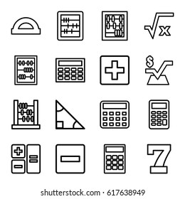 Math icons set. set of 16 math outline icons such as 7 number, calculator, abacus, mathematical square, plus, minus, protractor, square root, triangle