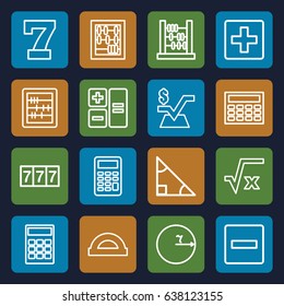 Math icons set. set of 16 math outline icons such as 7 number, abacus, mathematical square, calculator, plus, minus, protractor, square root, triangle, circle