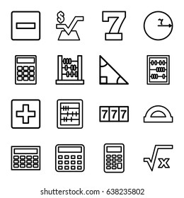 Math icons set. set of 16 math outline icons such as 7 number, calculator, abacus, mathematical square, plus, minus, protractor, square root, triangle, circle