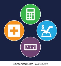 Math icons set. set of 4 math filled icons such as 7 number, mathematical square, calculator