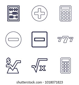 Math icons. set of 9 editable outline math icons such as mathematical square, minus, square root, abacus, 7 number, calculator, plus