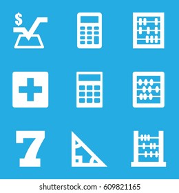 Math icons set. set of 9 math filled icons such as 7 number, abacus, mathematical square, calculator, triangle