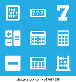 Math icons set. set of 9 math filled icons such as 7 number, calculator, abacus, calclator