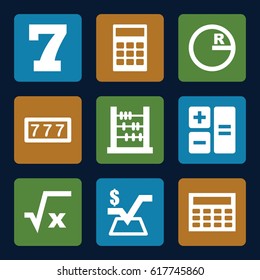 Math icons set. set of 9 math filled icons such as 7 number, mathematical square, calclator, square root, calculator, circle