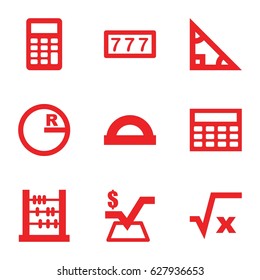 Math icons set. set of 9 math filled icons such as 7 number, mathematical square, calculator, calclator, protractor, square root, triangle, circle