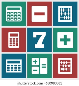Math icons set. set of 9 math filled icons such as 7 number, calculator, abacus, calclator, plus