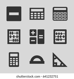 Math icons set. set of 9 math filled icons such as calculator, abacus, calclator, protractor, triangle