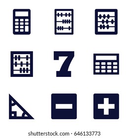 Math icons set. set of 9 math filled icons such as 7 number, abacus, calculator, calclator, triangle, plus