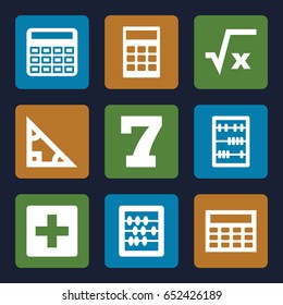 Math icons set. set of 9 math filled icons such as 7 number, calculator, abacus, calclator, square root, triangle