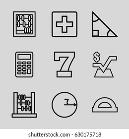 Math icons set. set of 9 math outline icons such as 7 number, mathematical square, calculator, plus, abacus, protractor, triangle