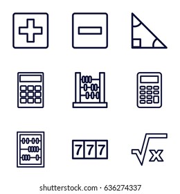 Math icons set. set of 9 math outline icons such as 7 number, abacus, calculator, plus, minus, square root