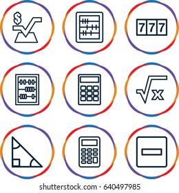 Math icons set. set of 9 math outline icons such as 7 number, abacus, mathematical square, calculator, minus, square root