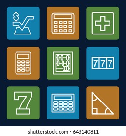 Math icons set. set of 9 math outline icons such as 7 number, calculator, mathematical square, plus, abacus, triangle