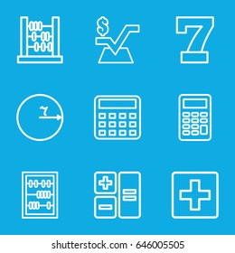 Math icons set. set of 9 math outline icons such as 7 number, calculator, mathematical square, abacus, plus