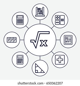 Math icons set. set of 9 math outline icons such as 7 number, abacus, calculator, plus, square root