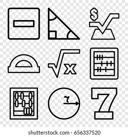 Math icons set. set of 9 math outline icons such as 7 number, abacus, mathematical square, minus, protractor, square root, triangle